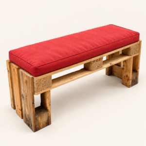 Banco de Pallets com Assento Estofado em madeira natural com almofada vermelha