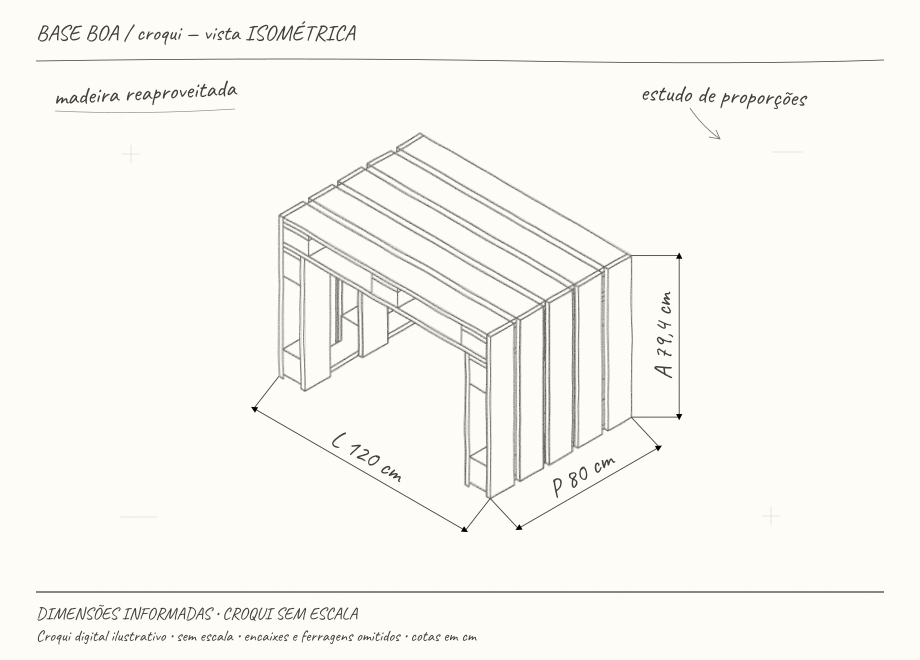 Croqui digital a lápis de Mesa de Europallet com Tampo Fechado — vista isométrica com cotas
