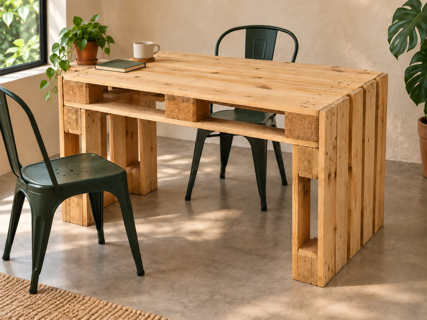 Mesa de europallet em ambiente de convivência, com ripas laterais completas