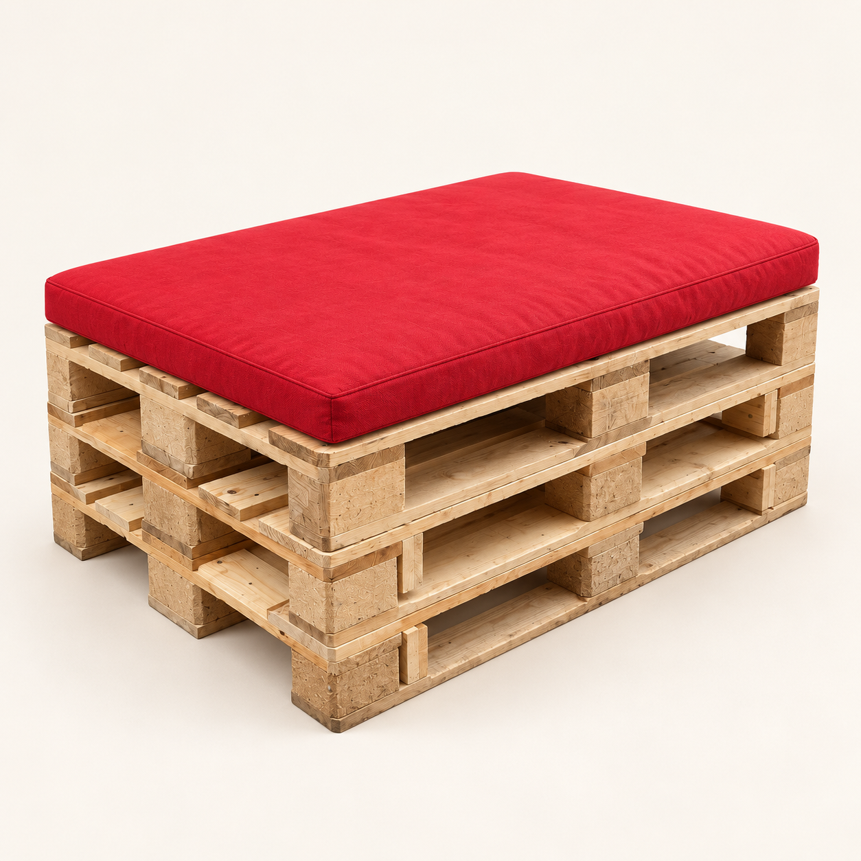 Módulo de Europallet Estofado — 3 Pallets em madeira natural com almofada vermelha